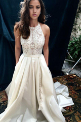 A-Line Halter Sweep Train Satin Ivory Wedding Dress with Lace