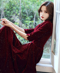 Simple burgundy velvet long prom dress velvet evening dress