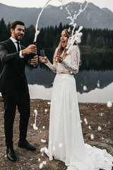 Two Piece Round Neck Lace Top Chiffon Iovry Wedding Dresses with Long Sleeves