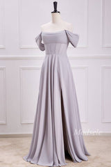 Gray Chiffon Off-the-Shoulder Maxi Dress with Slit
