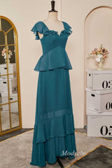 Emerald Flutter Sleeve Multi-Layer Ruffle Long Dress