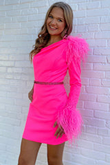 Hot Pink One-Sleeve Short Homecoming Dress with Feathers