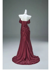 Burgundy Off Shoulder Mermaid Satin Long Formal Evening Party Dresses, HZ0319