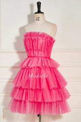 Hot Pink Strapless Tiered A-Line Short Party Dress with Ruffles