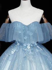 Gray blue tulle lace long prom dress, gray blue tulle evening dress