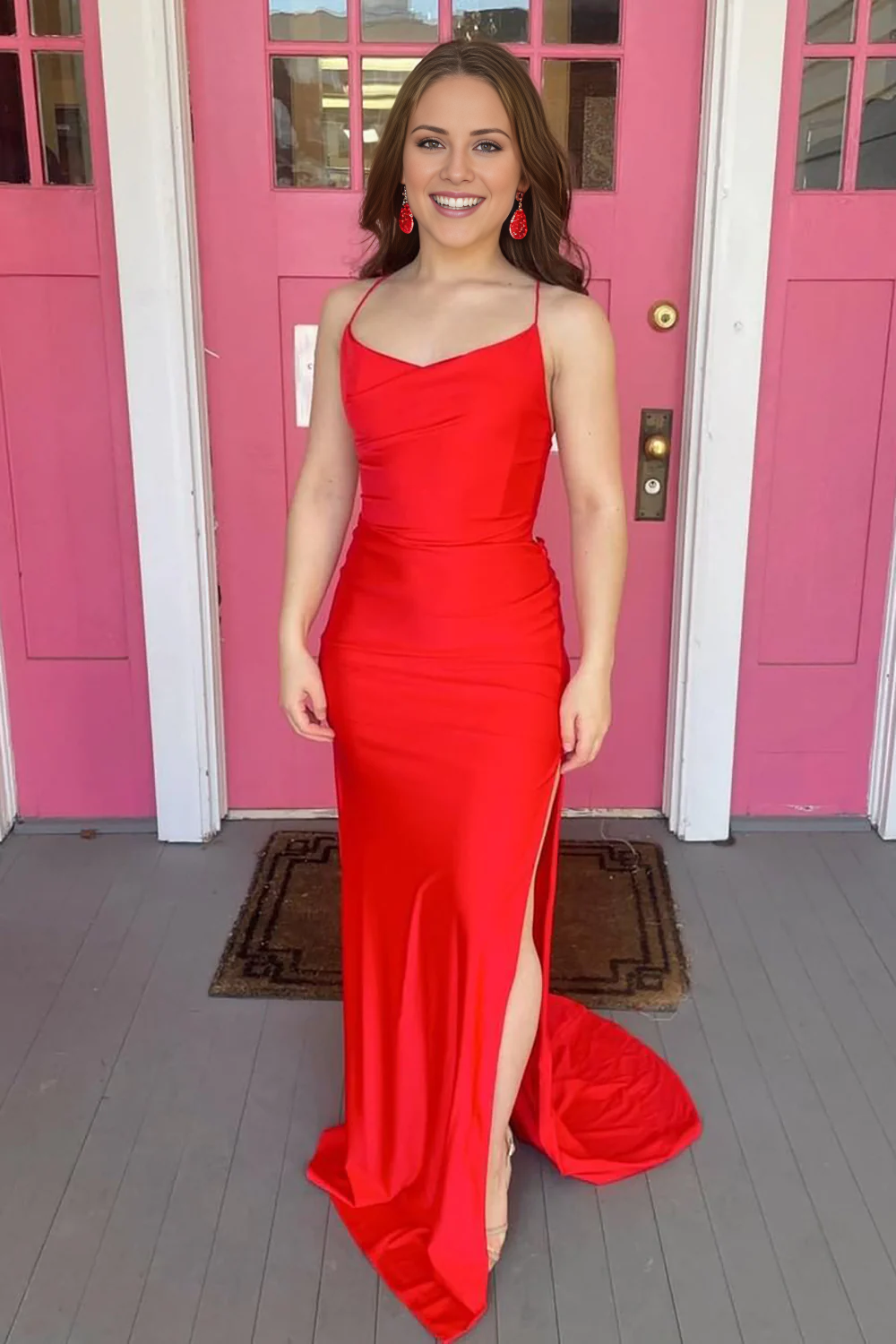 Jimiss slit mermaid slim shoulder strap backless Prom dress