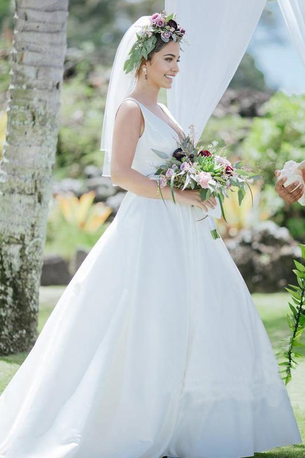 A Line V Neckline Pleated Waistband Simple Satin Wedding Bridal Dress Wedding Dresses