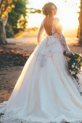 A-line Long Sleeves Organza Ball Gown Wedding Dress with Beading Lace