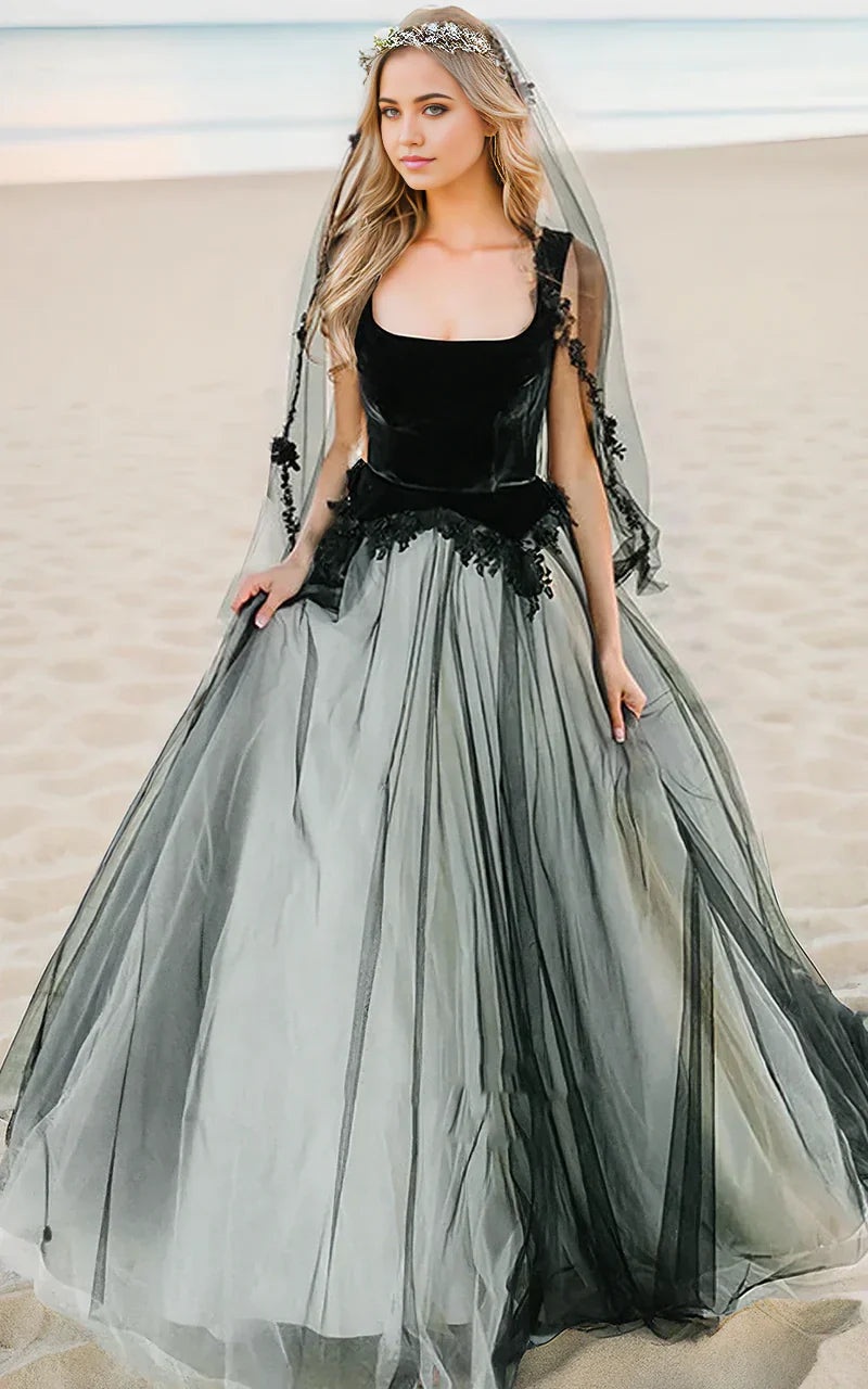 A-Line Beach Lace Tulle Square Neck Floor Wedding Dress with Keyhole Back