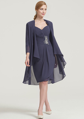Scalloped Neck 34 Sleeve Knee-Length Chiffon Mother of the Bride Dress With Pleated Beading Appliqued