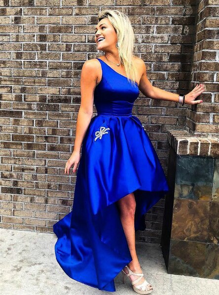 One Shoulder Royal Blue Satin Prom Dress With Pocket