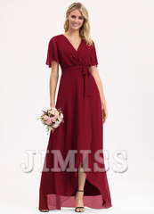 A-line V-neck asymmetric bow pleated chiffon bridesmaid dress