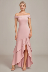 Pink mermaid off shoulder asymmetrical ruffle hem, mother of the bride dress