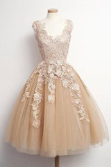 Champagne tulle lace short prom dress, cute homecoming dress KS7527