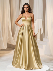 Deep V-neck satin thin shoulder strap and floor length formal dress
