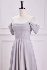 Gray Chiffon Off-the-Shoulder Maxi Dress with Slit