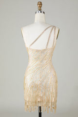 Sheath One Shoulder Blue Sequins Short Homecoming Dress with Tassel