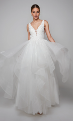 Chiffon lace deep V-neck floral decals and floor length wedding dresses