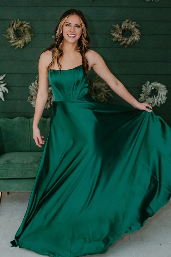 Jimiss minimalist A-line boat neck sleeveless pleated tie and floor length evening gown