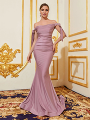 Mermaid off shoulder knot side fold front and floor length formal dresses