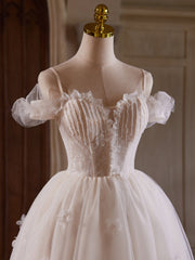 A-Line Off Shoulder Tulle Lace Light Champagne Short Prom Dress