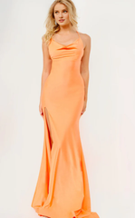Sleeveless slim shoulder straps with side slits and floor length for an evening dress
