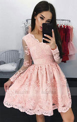 A-Line V-Neck Long Sleeves Short Pink Homecoming Dress with Appliques