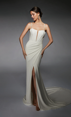 Deep V-neck straight tube backless tight corset with slit wedding dress