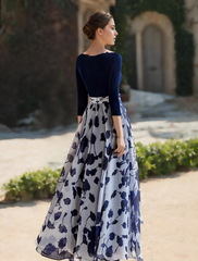 A-Line V Neck Floor Length Chiffon 34 Length Sleeve Floral Mother of the Bride Dress
