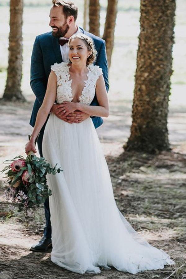 A-Line Jewel Sweep Train Tulle White Wedding Dress with Appliques