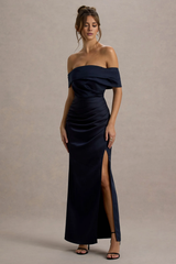 Off shoulder collar satin wrap and floor length evening dress - jimiss dress