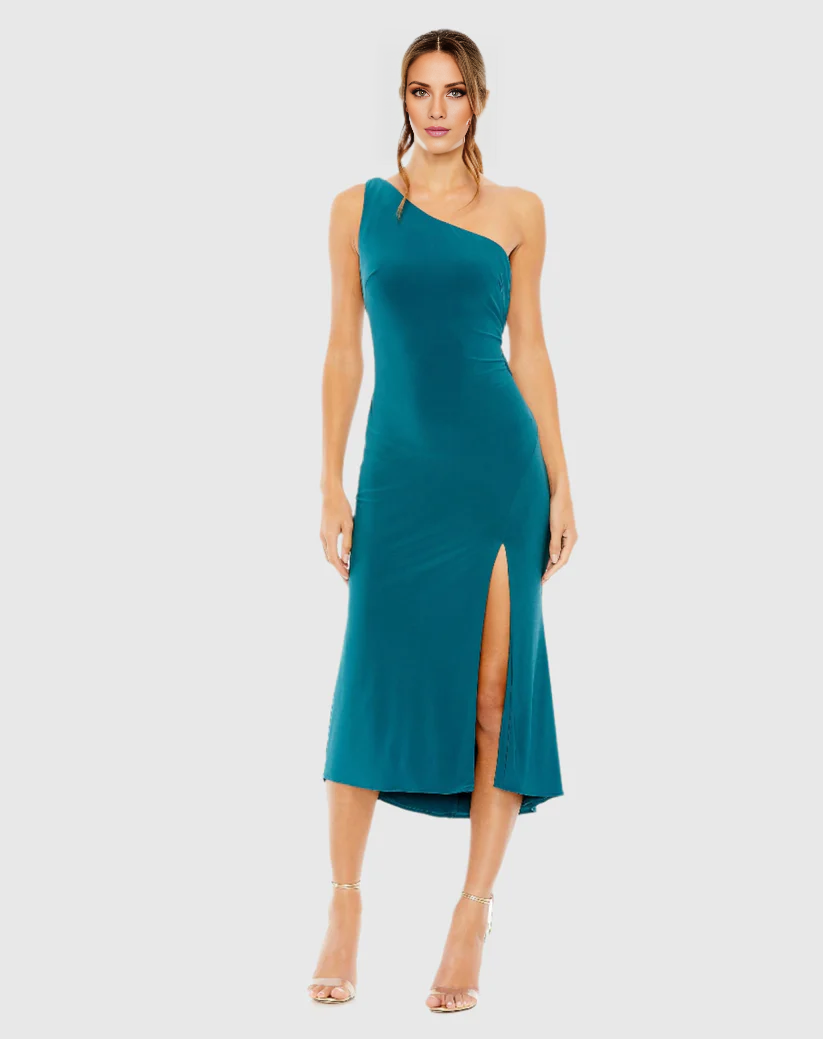 One shoulder sleeveless side slit long evening dress