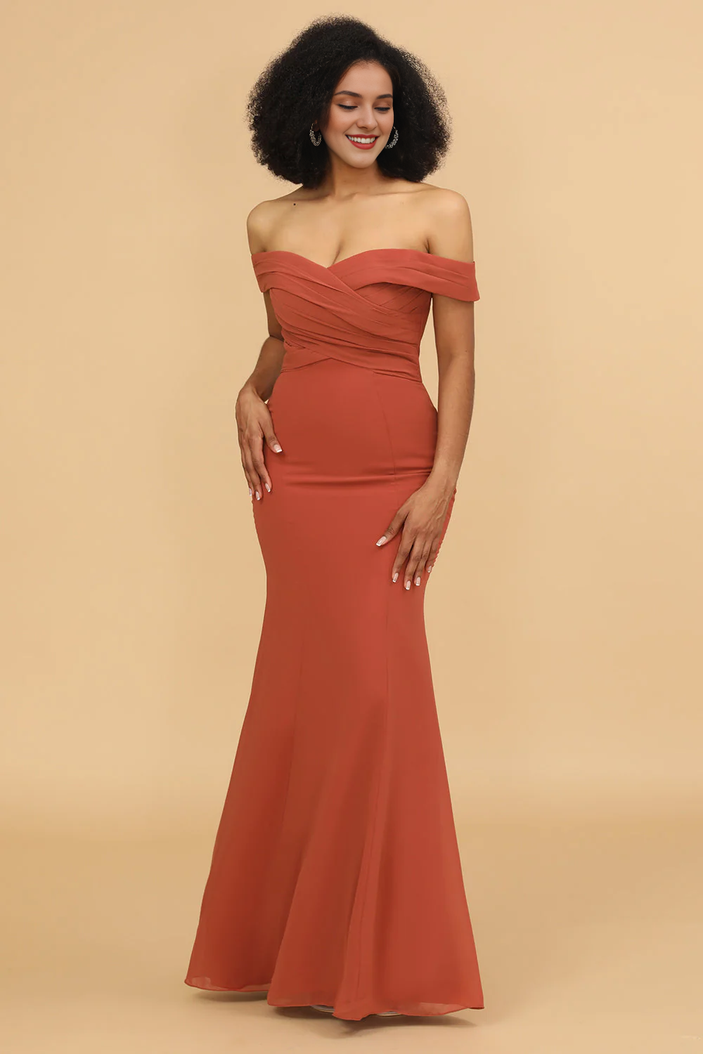 Fishtail stripe shoulder length chiffon bridesmaid dress
