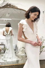 Mermaid Cap Sleeves V-Neck Backless Wedding Dress with Ruffles