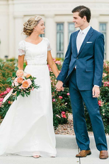 A-line V-neck Chiffon Neckline Wedding Dress With Beadings