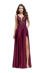 Deep V-neck lace applique sleeveless side slit and floor length evening dress