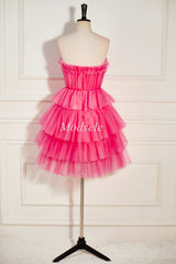 Hot Pink Strapless Tiered A-Line Short Party Dress with Ruffles