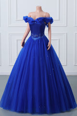 Royal Blue off-the-shoulder lieverd kralen bloemen baljurk tule prom-jurken