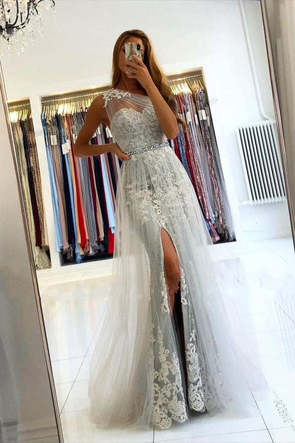 Affordable Lace Silver Prom Dresses One Shoulder Tulle with Beadings