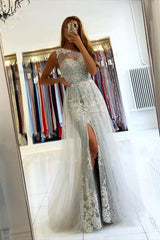 Affordable Lace Silver Prom Dresses One Shoulder Tulle with Beadings