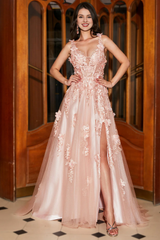Pink A-line thin shoulder strap long decal slit evening dress