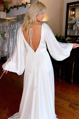 Simple A-line Ivory V-Neck Long Sleeve Wedding Dresses
