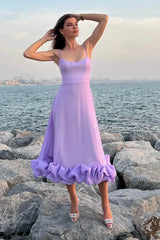 Vintage A line Spaghetti Straps Lilac Satin Evening Dress Ruffles Prom Dresses HZ1024