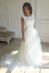 A-Line Sleeveless Lace White Sweep Train Wedding Dress
