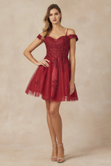 Leaf Embroidered Off Shoulder Short Dress
