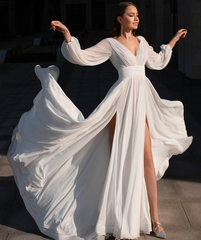 A-Line Boho V Neck Long Sleeve Wedding Dress