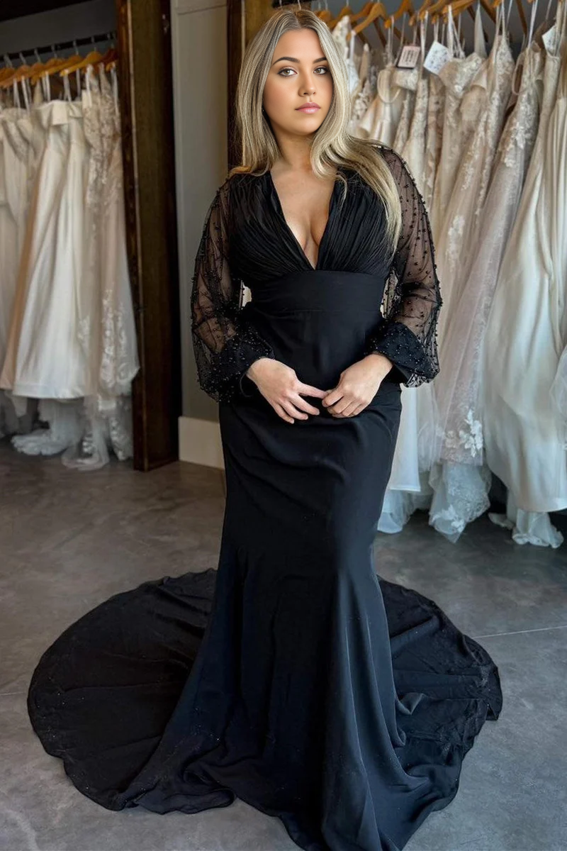 Mermaid Beaded V-Neck Backless Long Wedding Dress with Sleeves