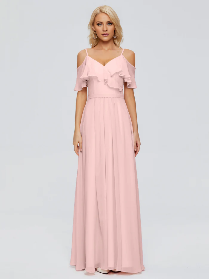 Thin shoulder strap ruffled chiffon and floor length bridesmaid dress