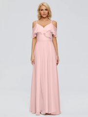 Thin shoulder strap ruffled chiffon and floor length bridesmaid dress