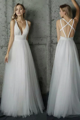 A-line Simply V Neck White Tulle Long evening gown Prom Dress Wedding Dresses